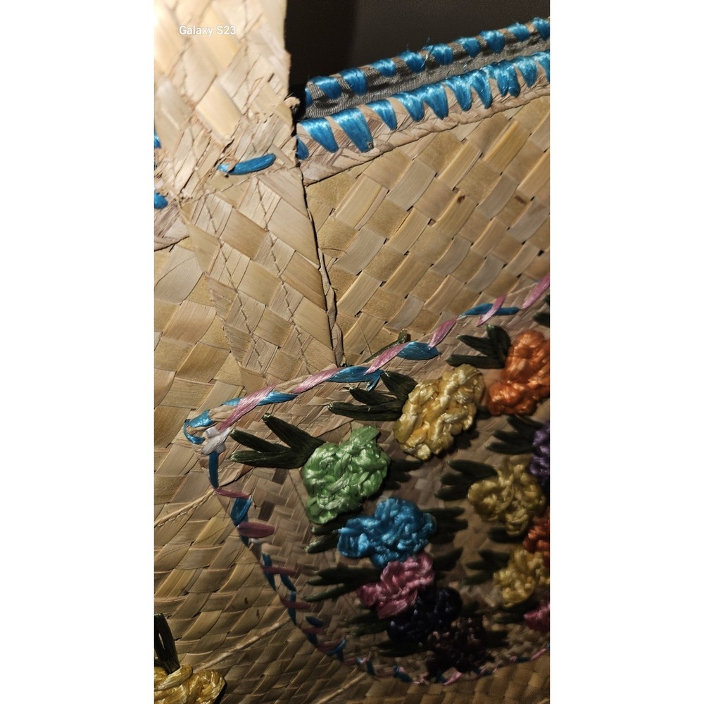 Vintage Embroided‎ Floral Raffia Straw Beach Market Tote Bag Lined Summer Beach - Picture 12 of 13